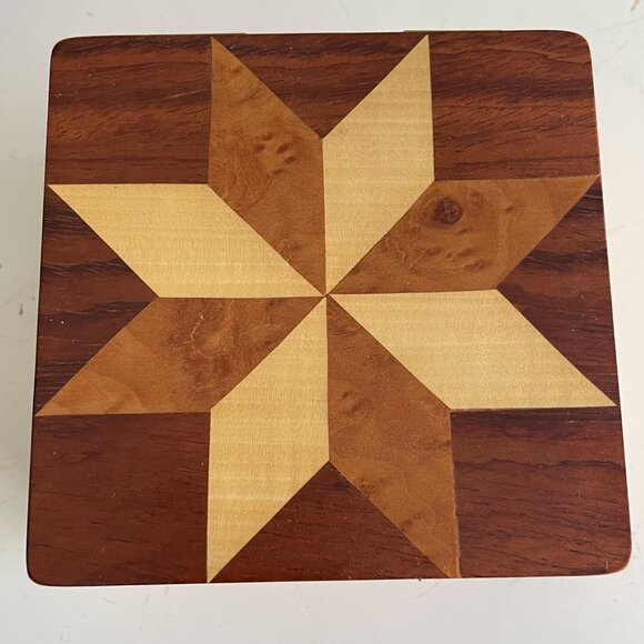 Wooden Jewelry Box Inlay Star Design Hinged Lid Keepsake Quilt Marquetry Vintage - Picture 2 of 9
